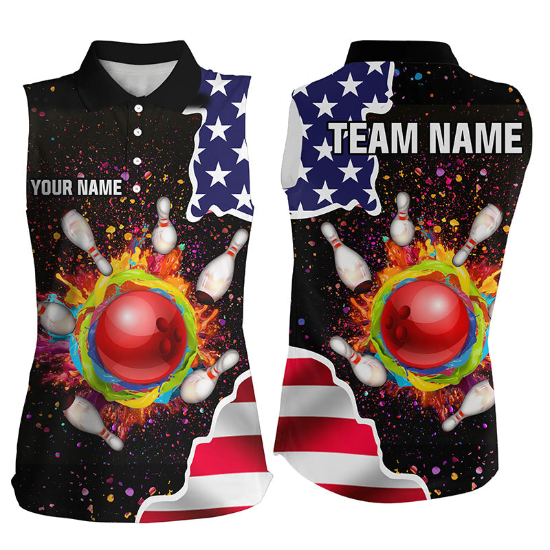 American flag colorful painted Bowling ball pins Custom Team League sleeveless polo shirt For Women NQS6580