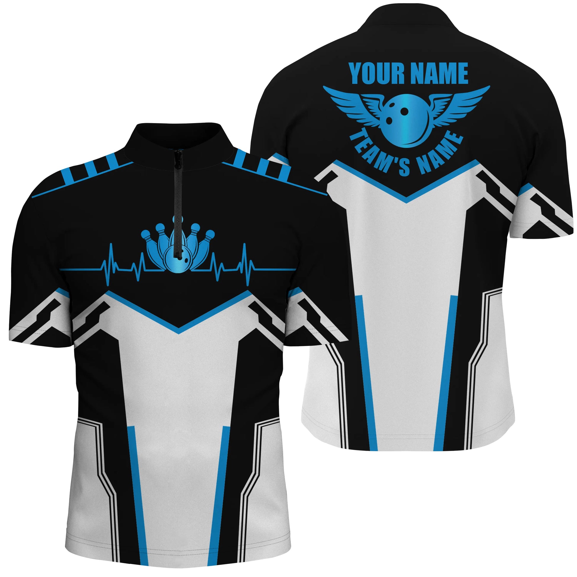 Custom Black white bowling shirt for men – personalized team jersey front view