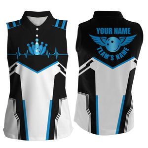 Black white Bowling shirts for women custom name, team name Bowling Ball & Pins sleeveless polo Shirts NQS4899