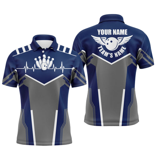 Bowling shirts for men custom name, team name Bowling Ball & Pins mens polo shirts | Navy Blue NQS4900