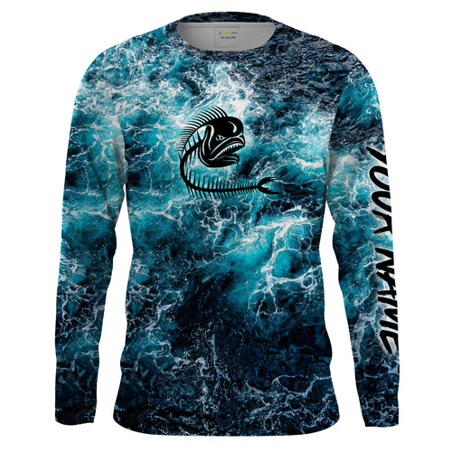 Custom blue ocean Mahi mahi fish bone Saltwater Long sleeve Fishing Shirts UV Protection, Sea wave camo Fishing Shirts NQS2097