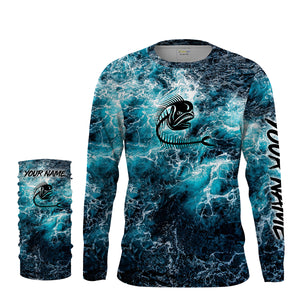 Custom blue ocean Mahi mahi fish bone Saltwater Long sleeves Sea wave camo Fishing Shirts NQS2097