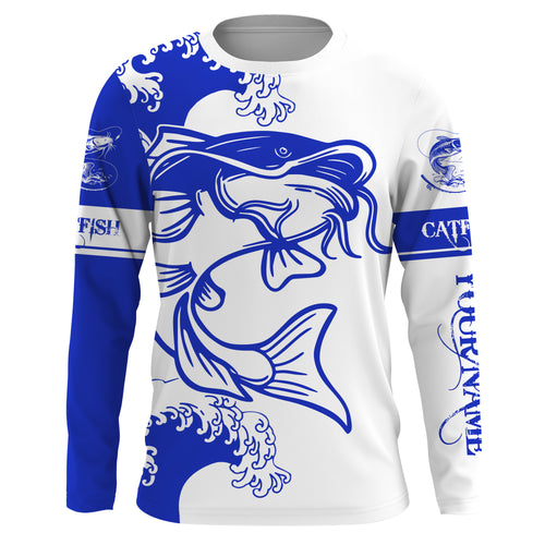 Personalized Catfish fishing tattoo jerseys, Catfish Long Sleeve Fishing tournament shirts | Blue NQS3736