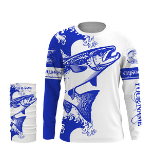 Personalized King salmon fishing tattoo jerseys, salmon Long Sleeve Fishing tournament shirts | Blue NQS3737