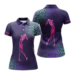 Womens golf polo shirt custom name purple gradient leopard women golf club gifts for golf lovers NQS4123