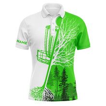 Load image into Gallery viewer, Mens disc golf polo shirt custom name green and white disc golf basket, personalized disc golf shirts NQS4545