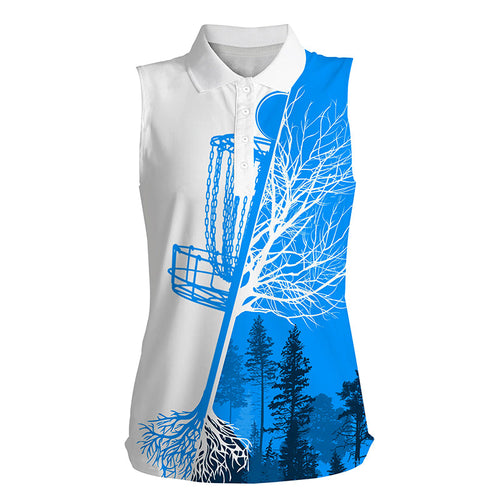 Womens disc golf sleeveless polo shirt blue & white disc golf basket, disc golf shirts NQS4546
