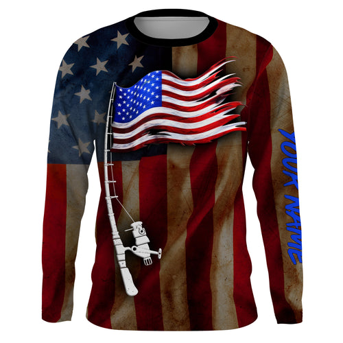 Vintage American flag patriotic fishing rod Custom Name UV protection UPF 30+ fishing jersey, patriotic Gifts for Fisherman NQS2943