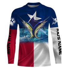 Load image into Gallery viewer, Marlin Sailfish fishing Texas flag custom name &amp; team name fishing apparel, custom upf fishing shirts NQS3052