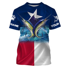 Load image into Gallery viewer, Marlin Sailfish fishing Texas flag custom name &amp; team name fishing apparel, custom upf fishing shirts NQS3052