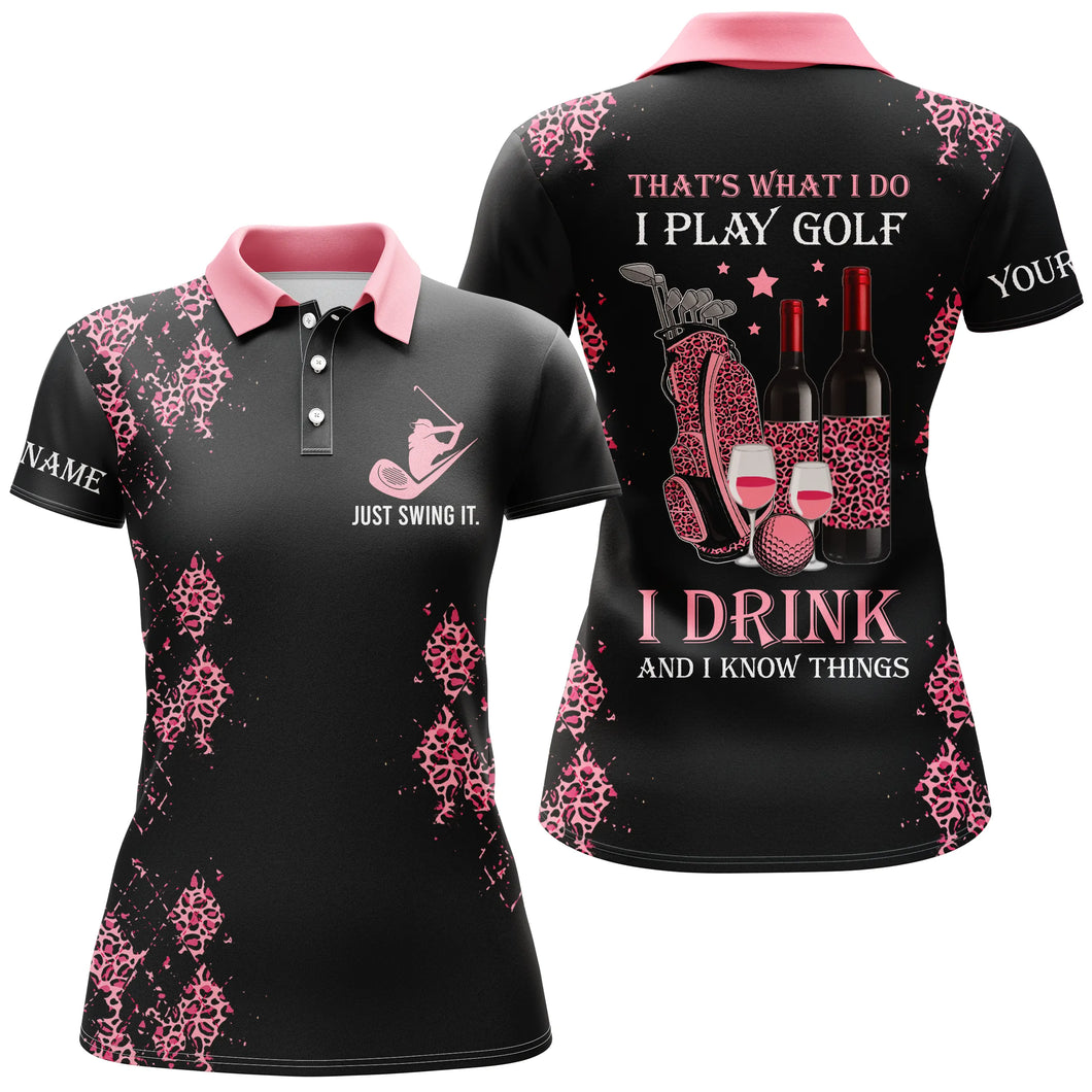 Pink leopard Womens golf polo shirts custom name funny golf wine That's what I do, I play golf NQS4911