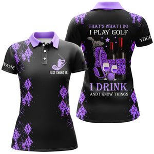 Black purple leopard Womens golf polo shirts custom name funny golf wine That's what I do, I play golf NQS4912