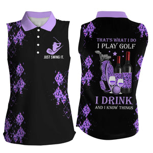 Black purple leopard Womens sleeveless polo shirt funny golf wine That's what I do, I play golf drink NQS4912