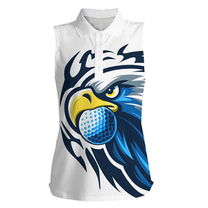 Women sleeveless golf polo shirt blue Eagle golf ball white golf tops, team golf attire ladies NQS7286