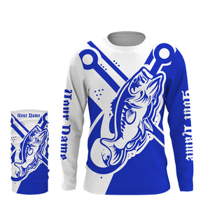 Largemouth bass fishing tattoo fish on Custom Name performance long sleeve fishing shirt | Blue NQS3746