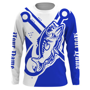 Largemouth bass fishing tattoo fish on Custom Name performance long sleeve fishing shirt | Blue NQS3746
