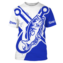 Load image into Gallery viewer, Largemouth bass fishing tattoo fish on Custom Name performance long sleeve fishing shirt | Blue NQS3746