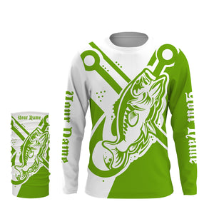 Largemouth bass fishing tattoo fish on Custom Name performance long sleeve fishing shirt | Green NQS3747