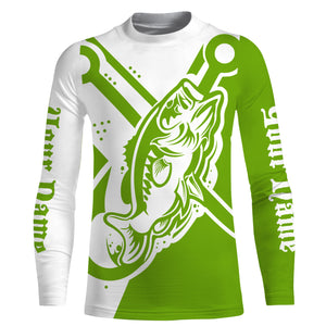 Largemouth bass fishing tattoo fish on Custom Name performance long sleeve fishing shirt | Green NQS3747