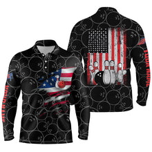 Load image into Gallery viewer, Black Bowling polo shirts for men custom name vintage American flag bowling jerseys NQS4549