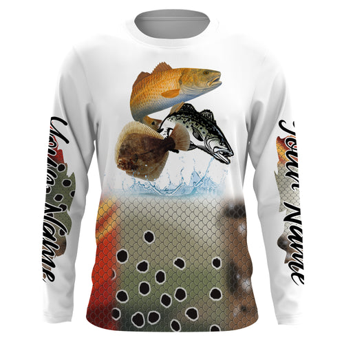 Texas inshore slam Redfish, speckled trout, flounder fishing scales Custom Name long sleeves, hooded fishing shirt, fishing jersey NQS2950