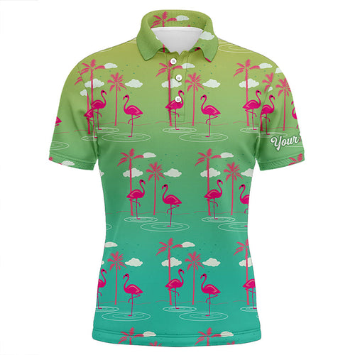 Green Gradient Tropical pattern with pink flamingos custom Mens golf polo shirt, golfing gifts NQS6857