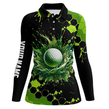 Load image into Gallery viewer, Womens golf polo shirts custom black and green watercolor ladies golf tops, gift for golf lovers NQS7292