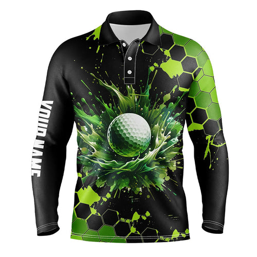 Mens golf polo shirts custom black and green watercolor golf tops for men, gift for golf lovers NQS7292