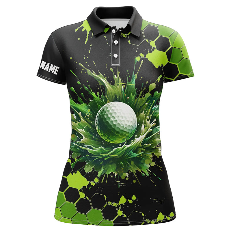 Womens golf polo shirts custom black and green watercolor ladies golf tops, gift for golf lovers NQS7292