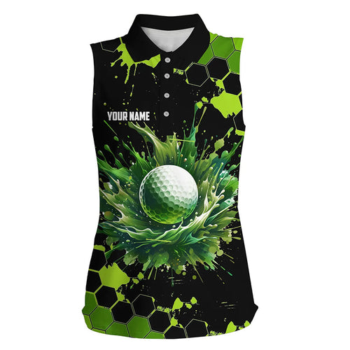 Women sleeveless golf polo shirts custom black and green watercolor golf tops, gift for golf lovers NQS7292