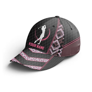Black & pink leopard pattern golf hat custom name baseball golf cap hat, golfer gifts NQS3476