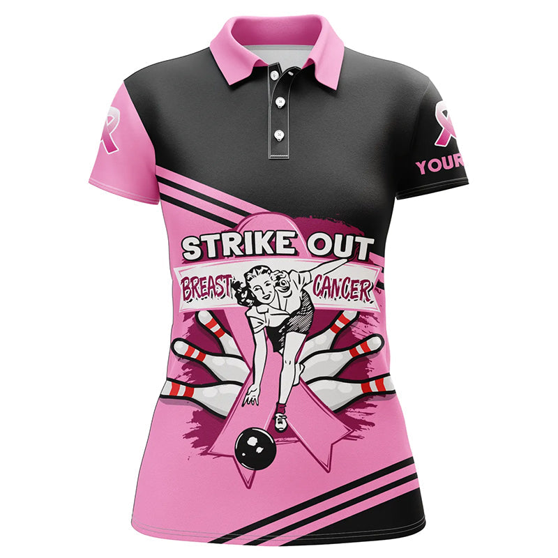 Pink Women bowling polo shirts Custom strike out breast cancer Bowling Team Jersey, bowling gift NQS6382
