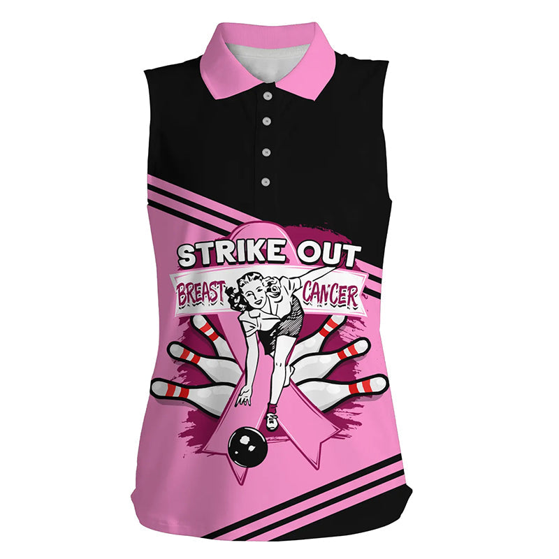 Pink Women bowling sleeveless polo shirts retro strike out breast cancer Bowling Team Jersey NQS6382