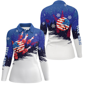 Womens Bowling Polo Shirts Custom Christmas Bowling Santa pins American Flag team Ladies blue Jersey NQS6614