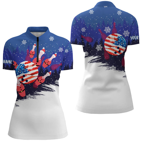 Womens Bowling Quarter-Zip Shirts Custom Christmas Bowling Santa pins American Flag team Ladies Jersey NQS6614