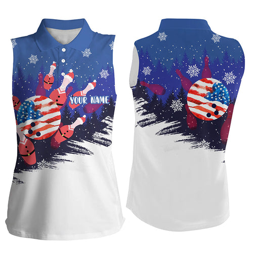 Womens Bowling sleeveless Polo Shirts Custom Christmas Bowling Santa pins American Flag team Jerseys NQS6614