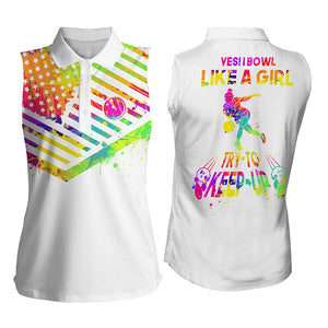 Womens sleeveless polo shirt watercolor American flag Yes I bowl like a girl try to keep up NQS4356