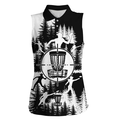 Black and white Women sleeveless disc golf polo shirt, disc golf basket frisbee golf shirts NQS7296