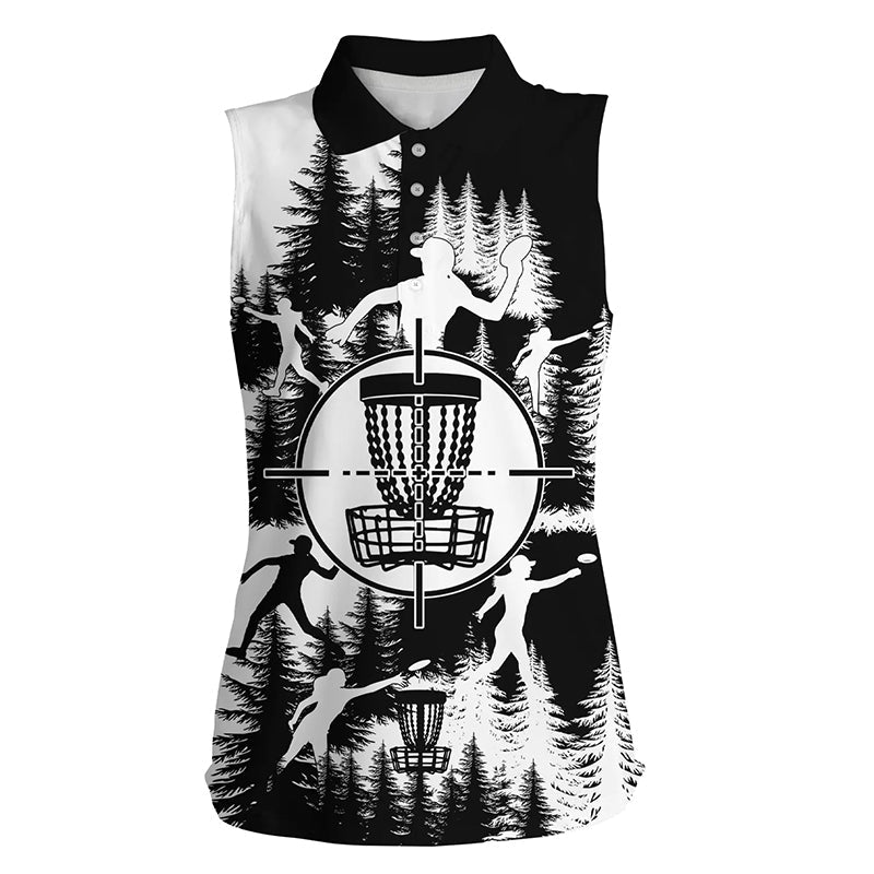 Black and white Women sleeveless disc golf polo shirt, disc golf basket frisbee golf shirts NQS7296