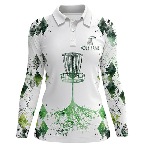 Watercolor green argyle pattern white Womens golf polo shirts custom disc golf disc golf shirt NQS7297