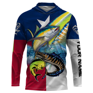 Mahi Mahi, Wahoo, Tuna fishing Texas flag UV protection Customize name long sleeves UPF 30+ personalized fishing gift NQS1971
