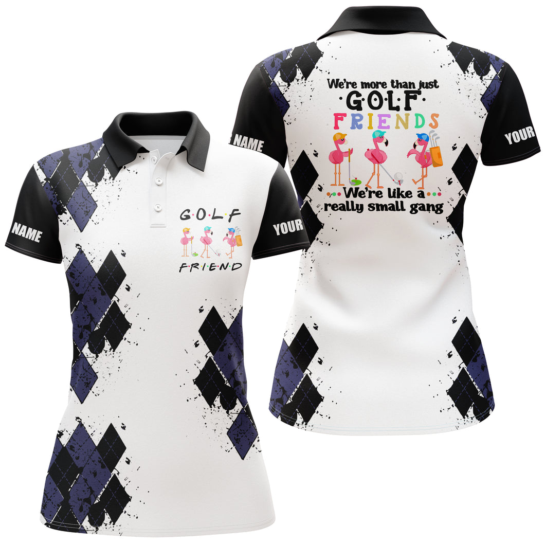 Womens golf polo shirt we're more than just golf friends flamingo custom name funny golf shirt| Black NQS3610