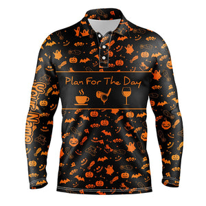 Black orange Halloween background custom Mens golf polo shirts plan for the day coffee golf wine NQS6396