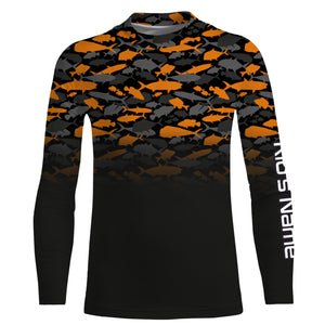 Fishing black orange camouflage UV long sleeve, hooded camo shirts Custom fishing apparel NQS2514