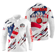 Load image into Gallery viewer, Custom Bowling shirts for men American flag patriotic Bowling Ball &amp; Pins white mens polo shirts NQS4954