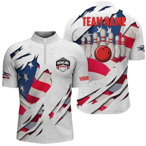 Custom Bowling shirts for men American flag patriotic Bowling Ball & Pins men Quarter Zip shirt NQS4954