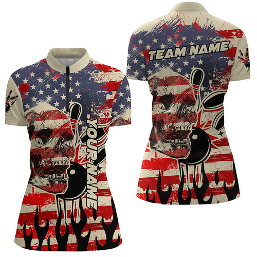 American flag skull Bowling Quarter Zip shirt for women Custom Team bowling jerseys, gift for bowlers NQS7305