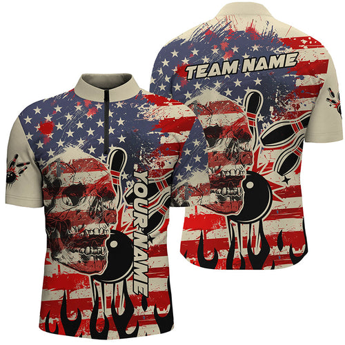 American flag skull bowling Quarter Zip shirts for men Custom Team bowling jerseys, gift for bowlers NQS7305