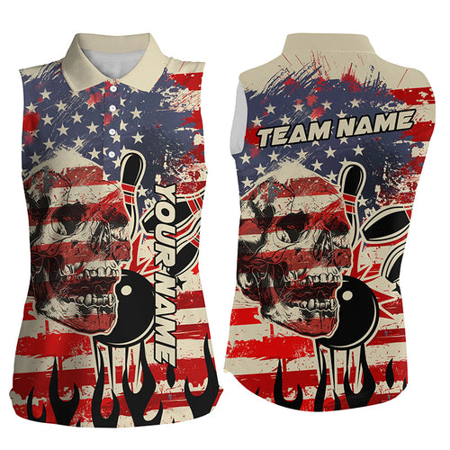 American flag skull bowling sleeveless polo shirt for women Custom bowling jerseys, gift for bowlers NQS7305