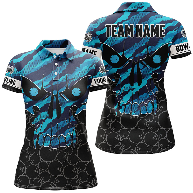 Personalized Skull Bowling Shirt for women Custom Team's Name blue camo Bowler Jersey Polo Shirt NQS6410